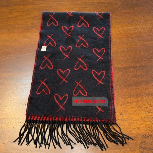 PINK Victoria's Secret Accessories - Victoria’s Secret Scarf New Winter Heart Black Red hearts VS Scarf New acrylic